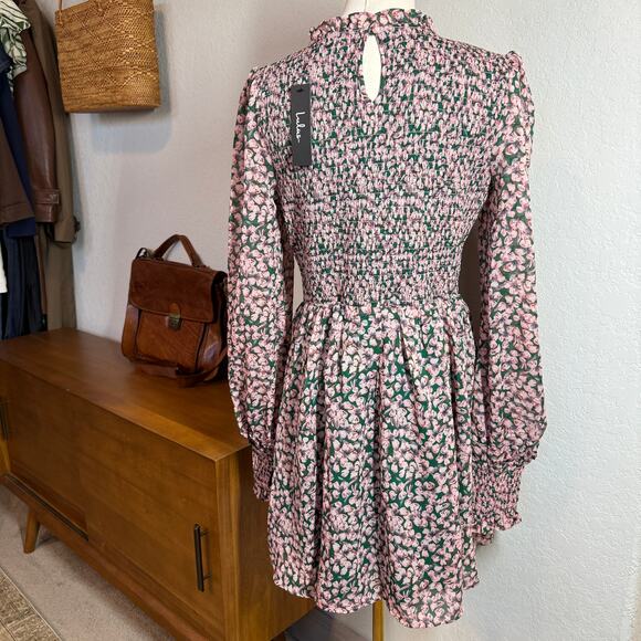 Women's Lulus Pink and Green Floral Smocked Top Long Sleeve Dress Size L NEW - Picture 7 of 8
